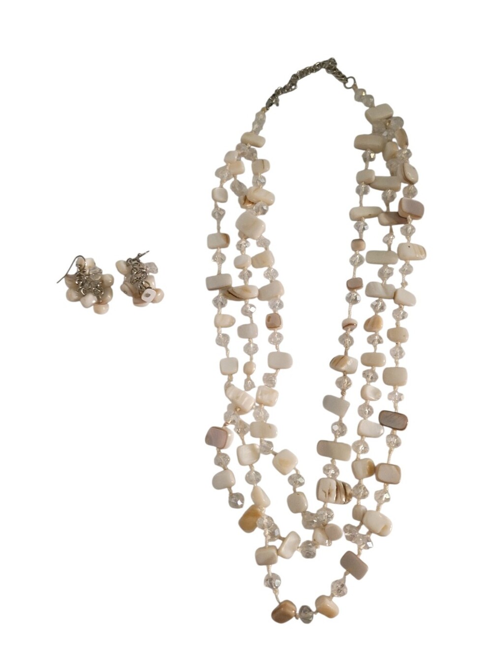 Vintage Bohemian Necklace And Earring Set, Pearl And Clear Beads 24" long